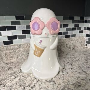 Halloween Hippie Girl Ghost Sipping Latte Tall 10” Pink Glasses Ceramic